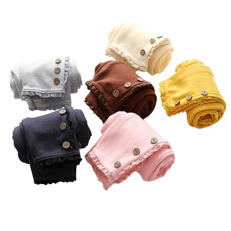 

2021 Korean winter autumn Baby Girls Kids Pure Color 3 Buttons Legging Children's Clothing Lace Cotton Trousers Dance Pants