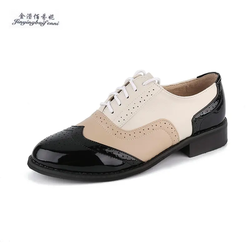 Black white Female leather shoes vintage genuine flat Plus Size Woman Handmade oxford for women zapatillas | Обувь