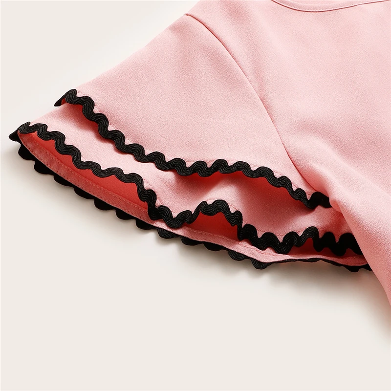 Dotfashion/розовые женские топы и блузки, контрастная волнистая отделка кружевом, многослойный летний топ с оборками на рукавах, женская блузка с коротким рукавом