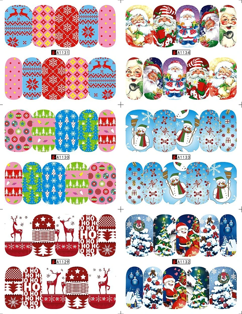 12 листов красивых рождественских водных переводных наклеек для ногтей наклейки