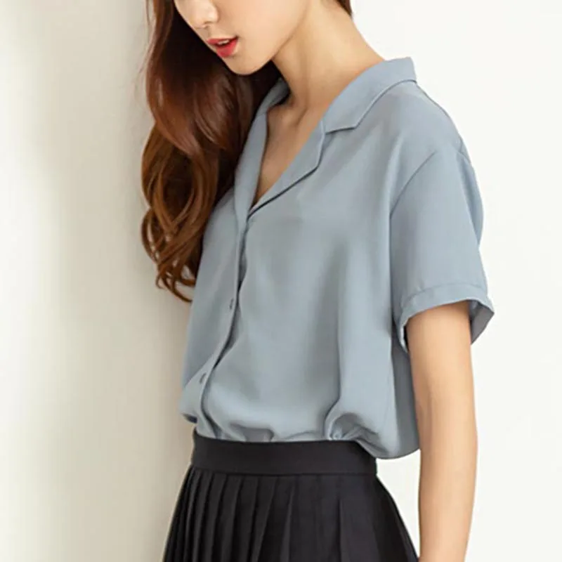 Summer Women Tops Chiffon Blouse Button Loose Shirt Solid Color V-Neck Blusa Feminina Short Sleeves Ladies Office |
