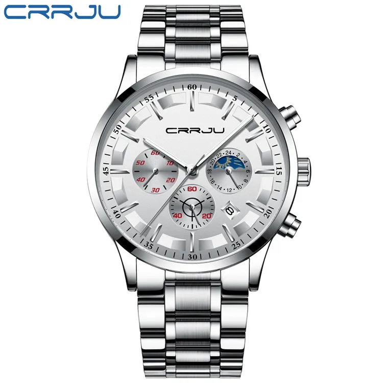S Silver White CRRJU мужские часы Топ бренд Роскошные Модные Бизнес Кварцевые часы мужские спортивные полностью стальные водонепроницаемые черные часы Relogio Masculino - Цвет: S Silver White