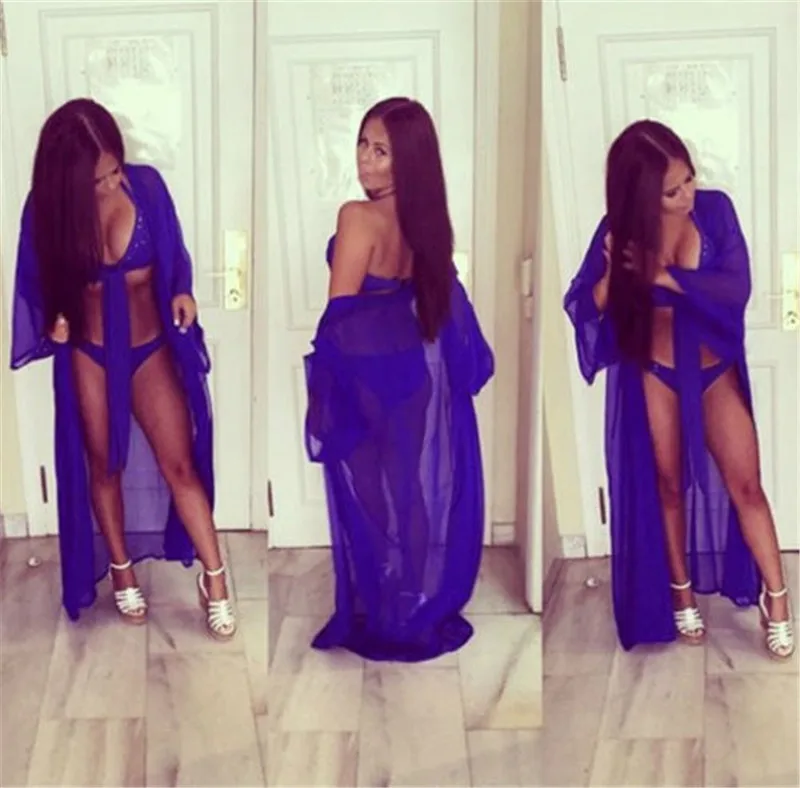 Женская однотонная накидка на бикини шифоновое пляжное платье с длинным рукавом