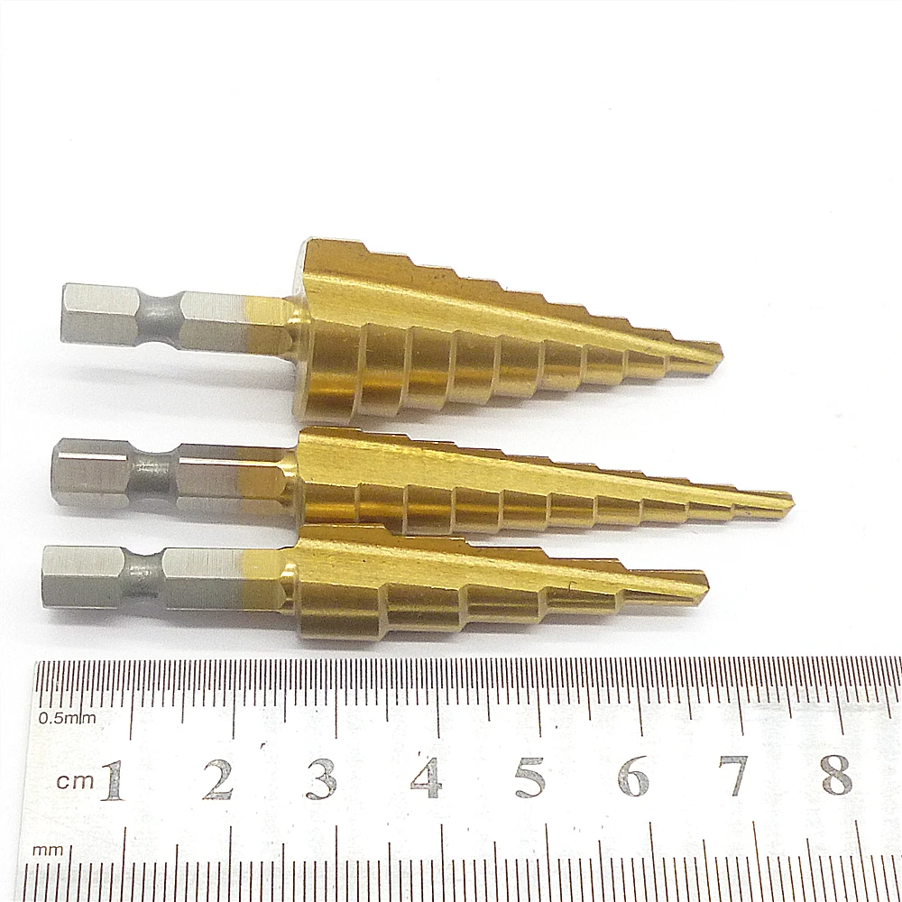 Mainpoint 3pcs Titanium Hss Stepped Down Drills Coated 1/4&quotMetric Imperial System Step Drill Bits Hex Shank Quick Release Tool |