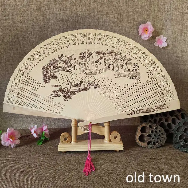 1Pcs Chinese wood carving printing Vintage antique craft fan Incense wood lady folding fan - Цвет: old town
