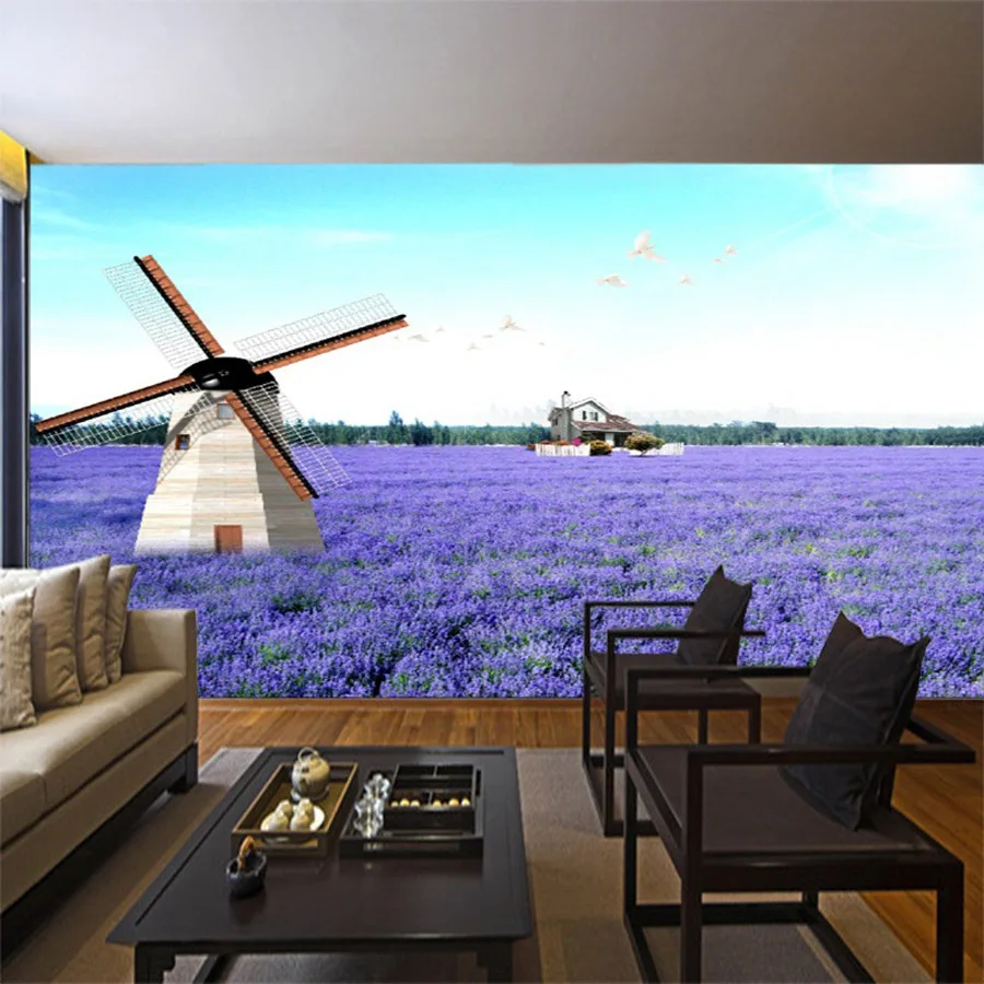 Лавандовая ветряная мельница природный ландшафт винтажная 3D комната фото обои