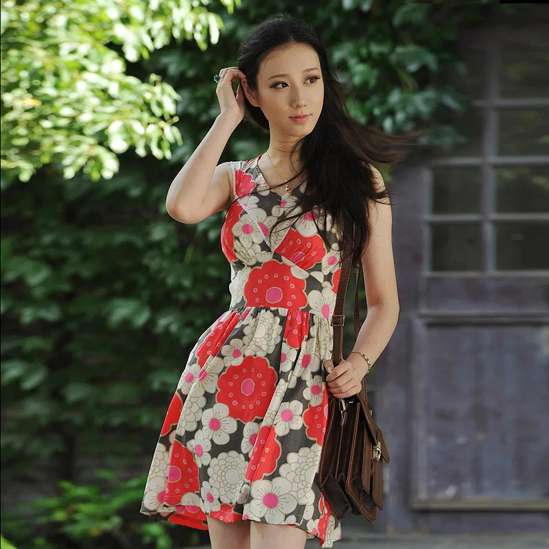 

LYNETTE'S CHINOISERIE Summer Women original design vintage fashion slim V-neck Flower print one-piece dress