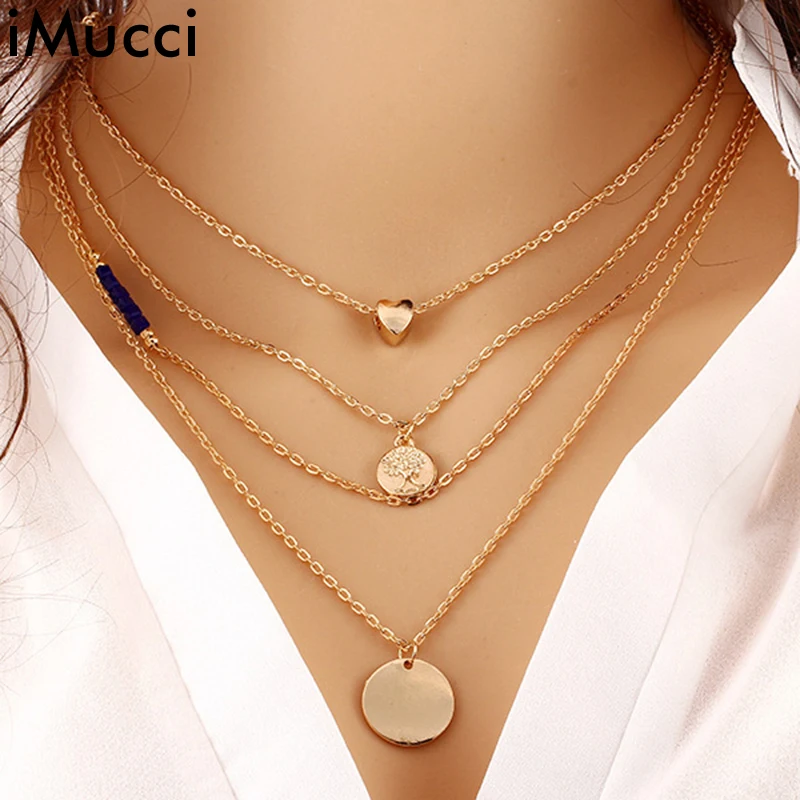 IMucci многослойное женское ожерелье с круглым и сердечным кулоном золотое