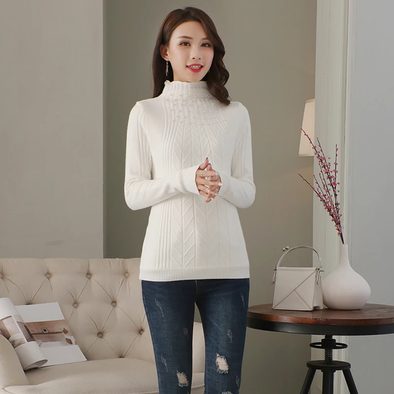 Autumn Winter Women Knitted Sweater 2018 Fashion Beading Wild Long-sleeved Half-high Collar Slim Knit Pullover Sweaters | Женская одежда
