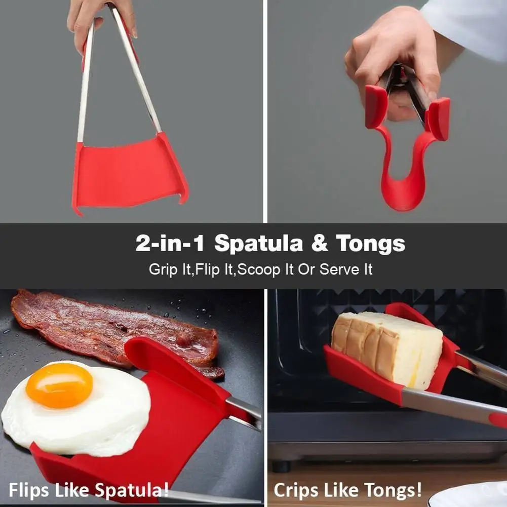 

2-in-1 Kitchen Spatula Non-stick Stainless Steel Tongs Non-toxic Cooking Tool Heat Resistant Silicone Spatulas