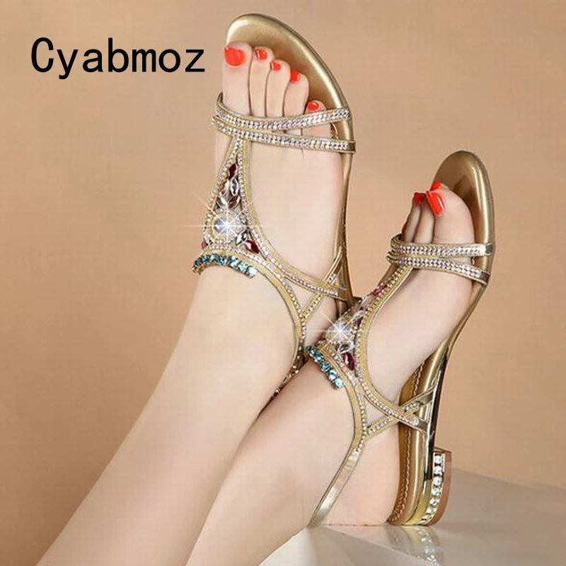 Cyabmoz Моды Летние Женщины Горный Хрусталь Сандалии Пряжки На Низком Каблуке