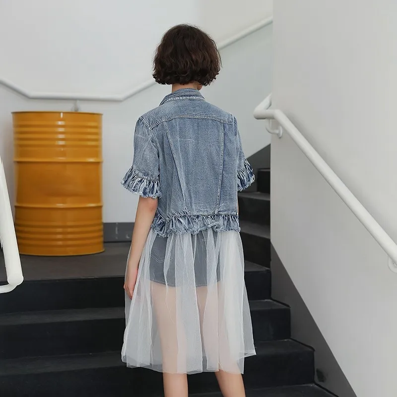 TWOTWINSTYLE Denim Coat Female Mesh Patchwork Ruffles Half Sleeve Jackets For Women Ripped Autumn Fashion Clothing Casual