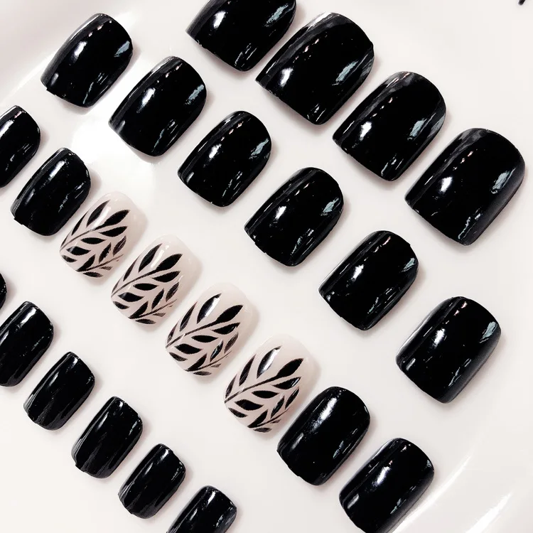 24 шт поддельные ногти элегантные свежие Твердые розовые зеленые листья