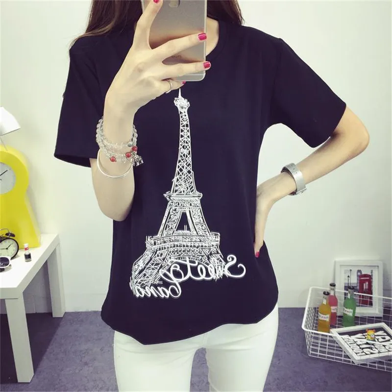 Новый Мода Весна Лето С Коротким Рукавом Майка Женщины Топы Эйфелева Башня