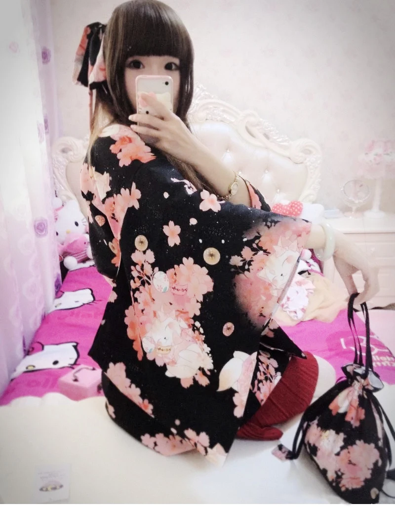 Женское кимоно в японском стиле Onegai Neko тренчкот молитвы кавайный Банни с цветами