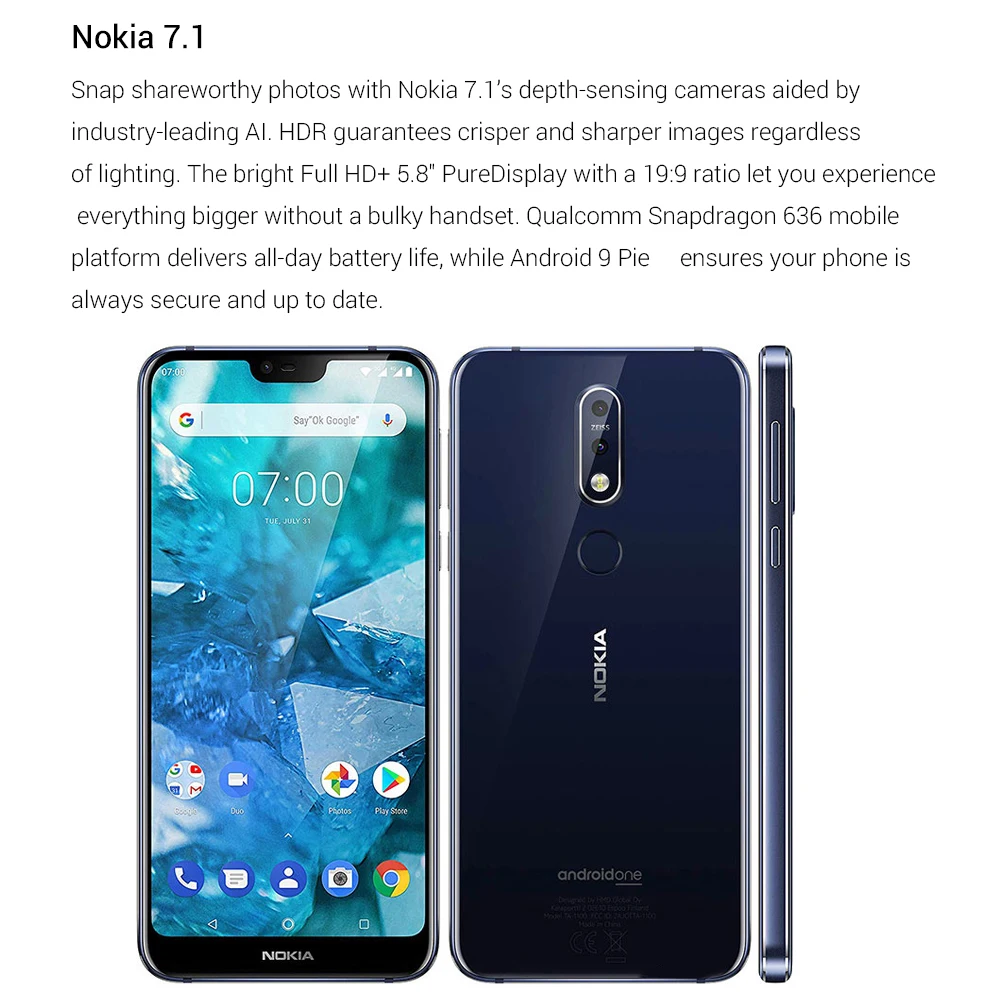 Nokia 7,1 TA-1097 глобальная версия 3060 мАч батарея 5,8" 4 ГБ ОЗУ 64 Гб ПЗУ Восьмиядерный мобильный телефон NFC 4G LTE отпечаток пальца