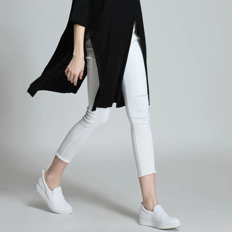 

3XL women calf-length pants autumn2020 elastic waist woven european style causal hole print pants white pencil pants plus size