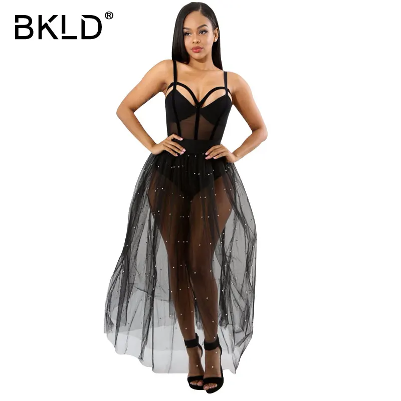 Женская длинная юбка BKLD прозрачная с бусинами и жемчугом|Женские юбки| |