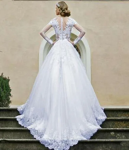 

Long sleeve lace ball gown wedding dresses 2016 scoop neck appliques organza bridal gowns VESTIDO DE NOIVA robe de mariage HS176