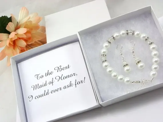 

personalize pearl wedding Bridesmaid Earrings and bracelet sets Jewelry Sets maid of honor jewelry proposal gifts note-cards