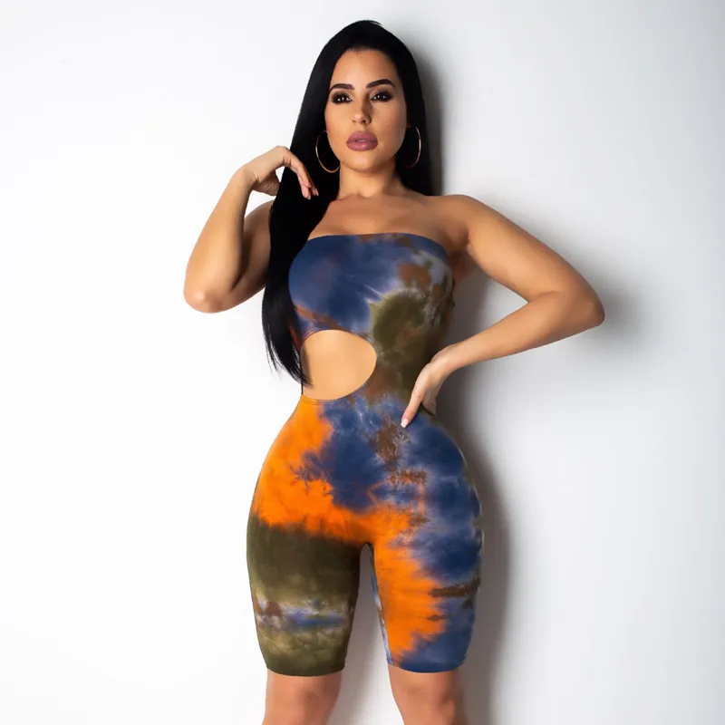 ANJAMANOR галстук краситель без бретелек вырезанный Короткий Bodycon Jumsuit сексуальный