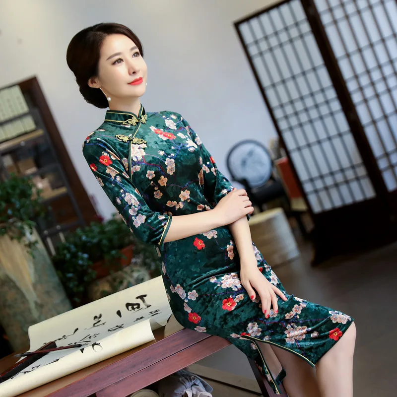 Женское бархатное короткое платье Qipao китайское традиционное винтажное большого