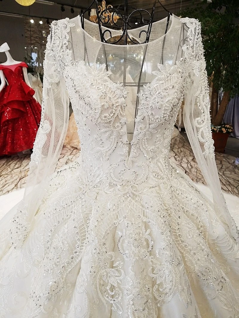 LS81321 свадебное платье с рукавамистаринные роскошные складки слоновая кость майор отбортовывать свадебное платье o шея длинный рукав зашнуровать backless реальное фото