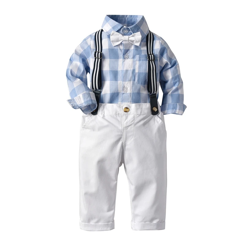 

Newest Spring Autumn Baby Boy Clothing Set England Style Gentleman Suit Long Sleeve Bow Tie Bodysuit +Bibs Pant 2pcs Ovearalls