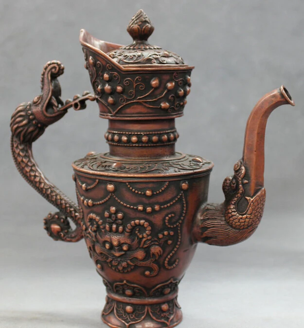 free shipping USPS to USA S1220 10&quot Chinese Red Copper Bronze Buddhism Dragon Head Statue Lion Wine Pot Teapot | Дом и сад