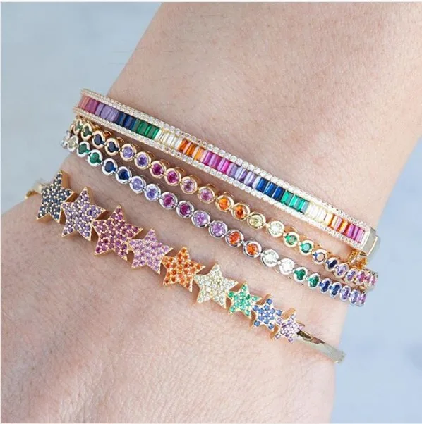 

Hot Fine delicate bangle&bracelet rainbow gradual bar baguette cz spectacular open cuff bangle women grils Christmas Gift 56-58m