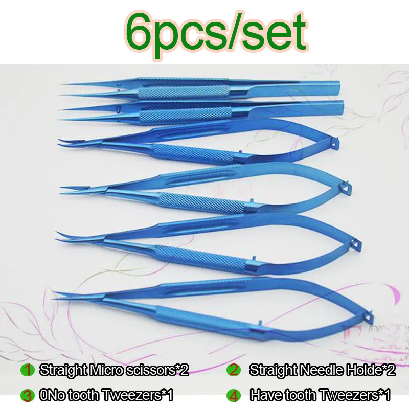 14cm Titanium alloy ophthalmic microsurgical instruments Needle Holder Micro scissors Tweezers hand surgery 6pcs/set