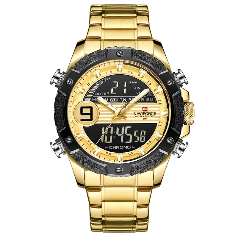 Gold Black Топ люксовый бренд NAVIFORCE мужские спортивные часы мужские кварцевые цифровые аналоговые часы мужские модные полностью стальные водонепроницаемые наручные часы - Цвет: Gold Black