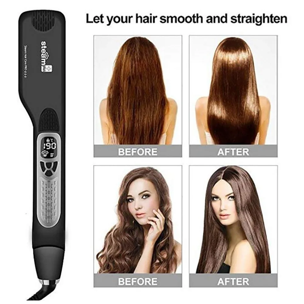 

Professional Vapor Spray Fast Electric Smooth Brush Titanium Ceramic Steam Hair Straightener Comb Styling Flat Iron With LCD