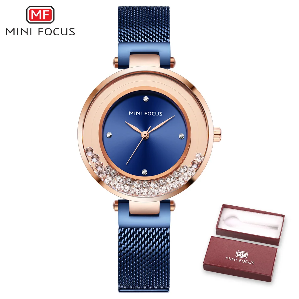 MINIFOCUS женские часы люксовый бренд модные женские часы водонепроницаемые Relogio Feminino Rose Montre Femme Золото Нержавеющая сталь Новинка - Цвет: Синий