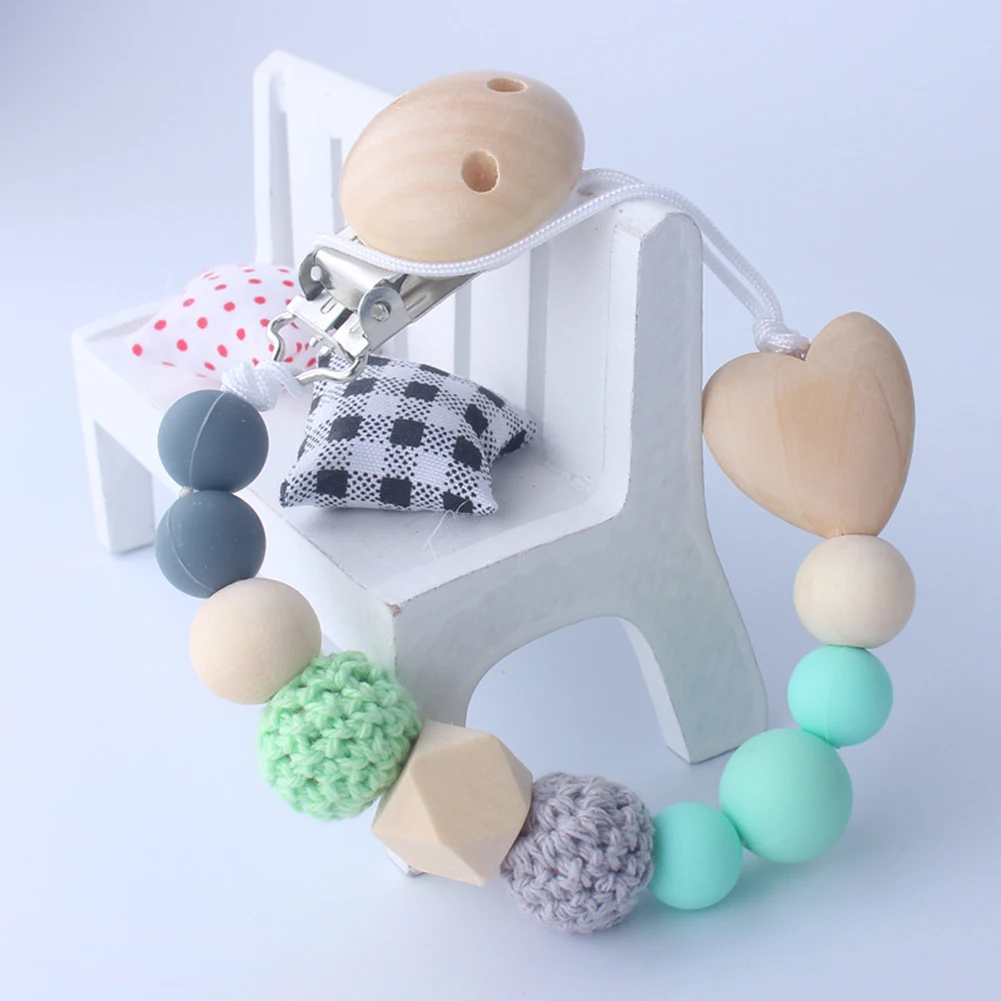 

2PCS Baby Beech Toy Silicone Nipple Chain Set Pacifier Clip With Teether Wooden Pacifier Clip Chain Beech Teether Products Toys