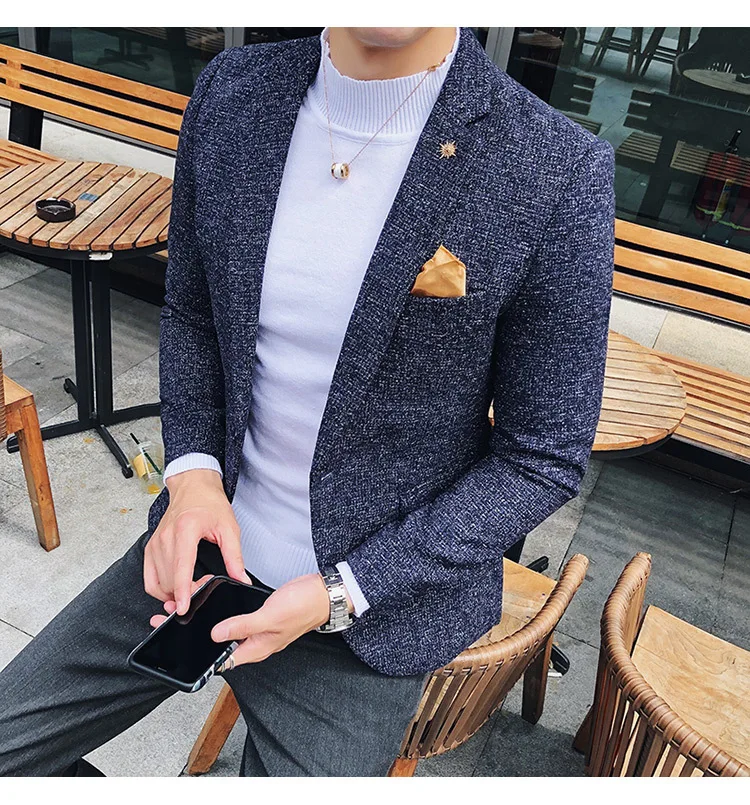 Мужской твидовый Блейзер осень зима блейзер masculino slim fit повседневные мужские спортивные пиджаки hombre invierno ho Мужской Блейзер черный синий коричневый
