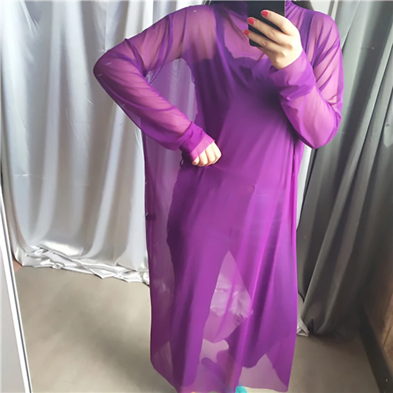 [EAM] New Autumn Winter High Collar Long Sleeve Black Mesh Perspective Colorful Long Big Size Dress Women Fashion JU790