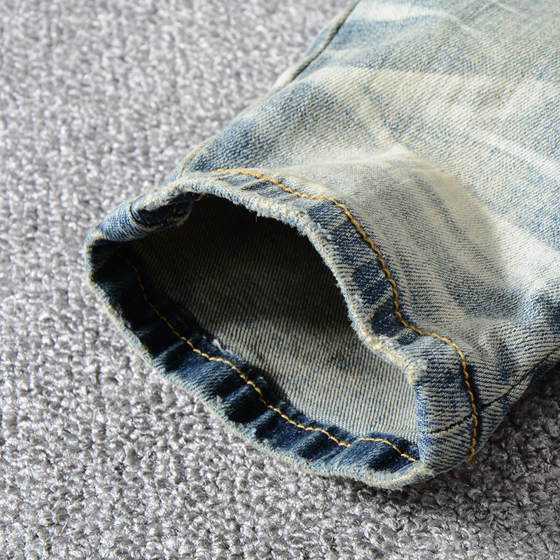 Special price! Men's bandanna paisley printed biker jeans for motorcycle Vintage blue ripped stretch denim pants | Мужская одежда
