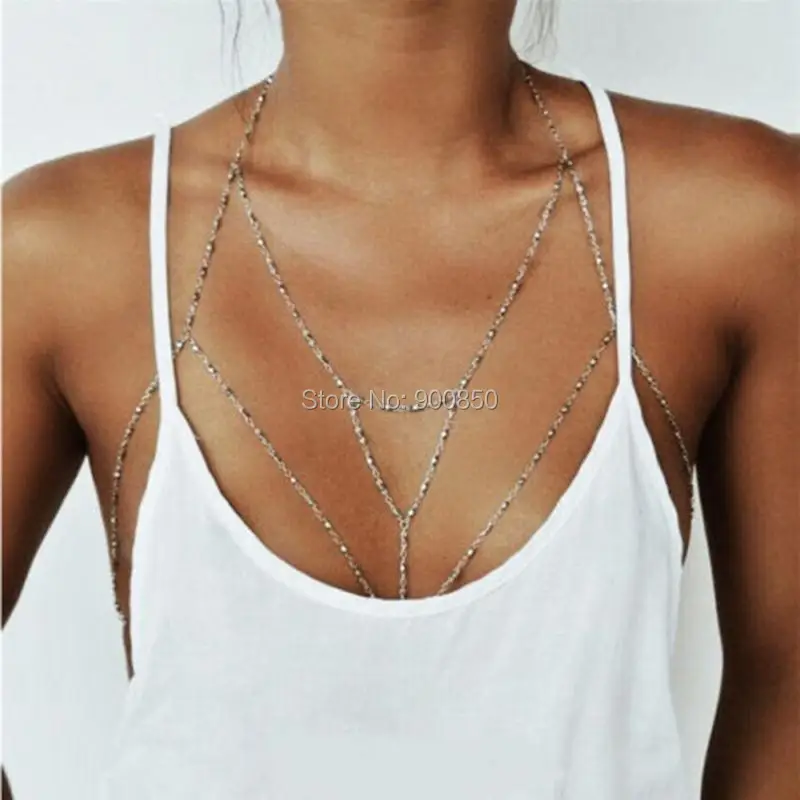 

1 Pc Fashion Gold Silver Color Copper Beads Chain Bra Sexy Bikini Harness Necklaces For Women Body Chain Beach Jewelry