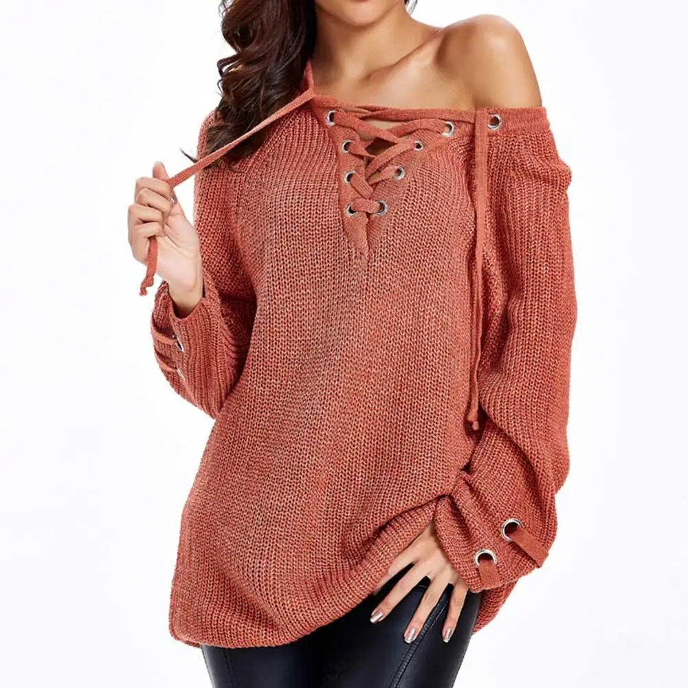 Autumn Winter 2018 New Arrival Leisure Europe America Style And V-neck Hollowed Lace-Up Long Loose Korean Sweater | Женская одежда