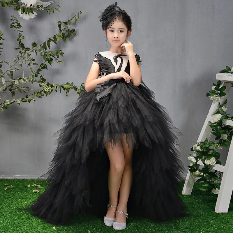 Luxury Long Trailing Flower Girl Dresses Beading Ball Gown Kids Pageant Dress Birthday Stunning Swan Feather Princess B106 | Детская