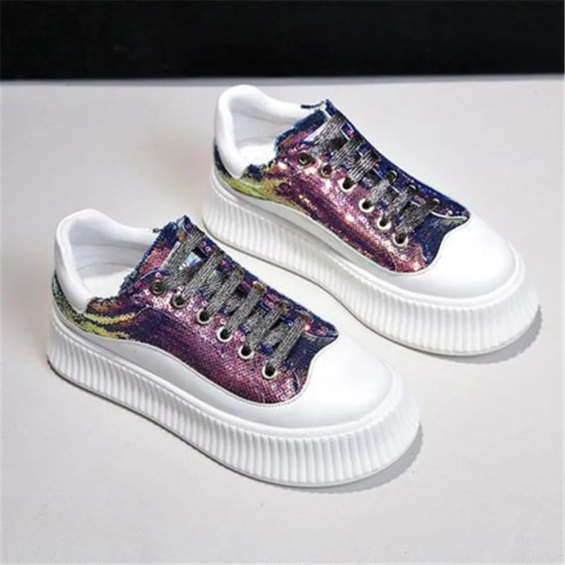 

FeiYiTu Woman Platform Shoes 2019 New Spring Sequin Bling Bling Women Flats Fashion Lady Flats Loafers Ladies Lace Up 5CM