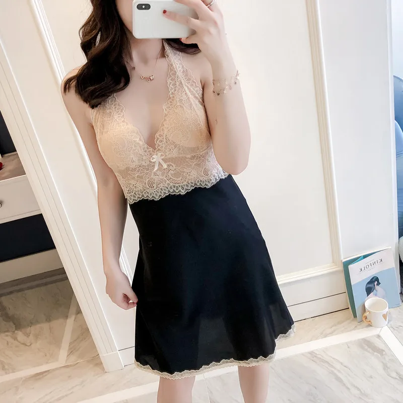 

Black Women Sleepwear 2022 Summer Lace Lingerie Nightgown Sexy Backless Night Dress Forked Home Wear Elegant Satin Negligees