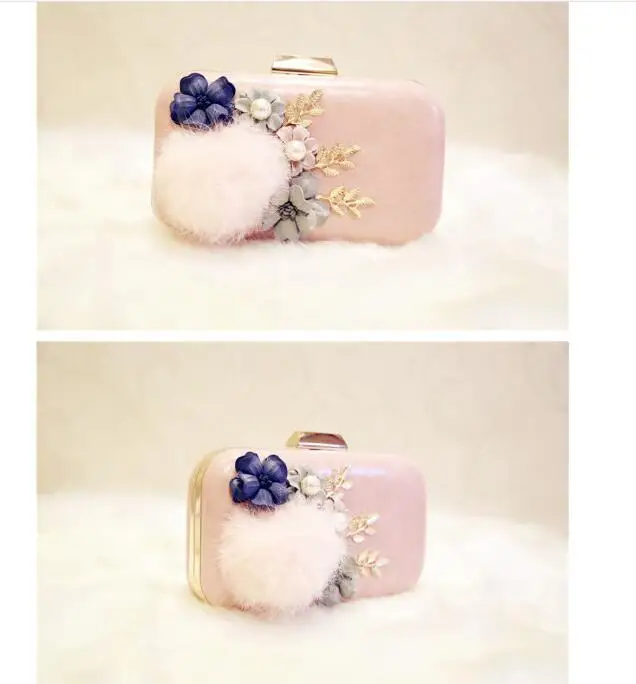 Женские сумочки на цепочке вечерние с аппликацией из меха украшенные цветами