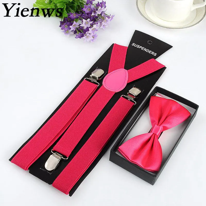 Yienws Wholesale 50 piece Bow Tie Suspenders Sets For Women Men Red Pink Burgundy Brace Suspensorio Unisex YiA037 |