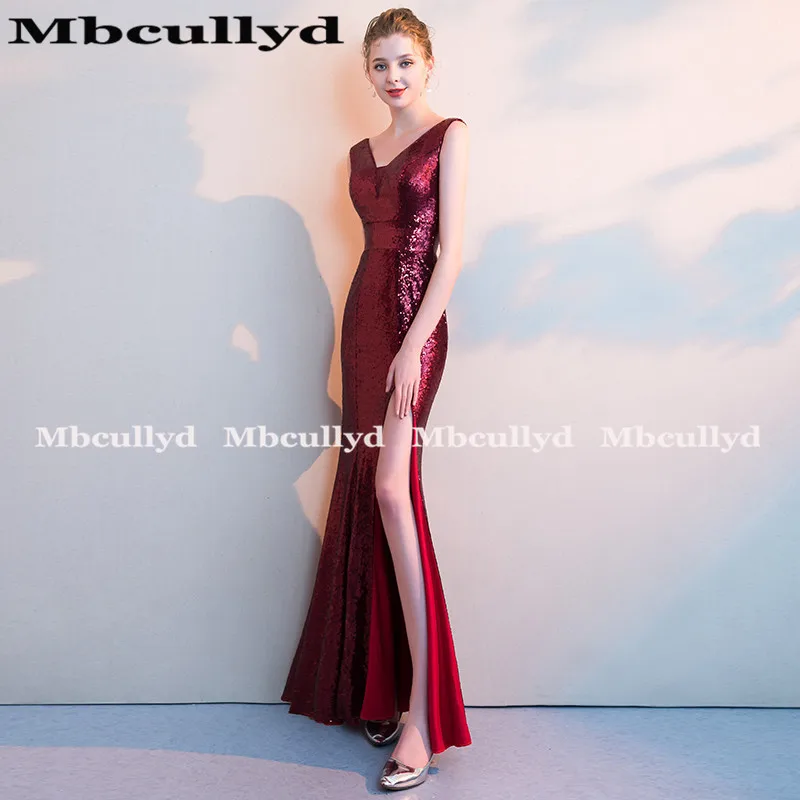 Длинные блестящие темно красные платья Mbcully для выпускного вечера с юбкой годе 2020