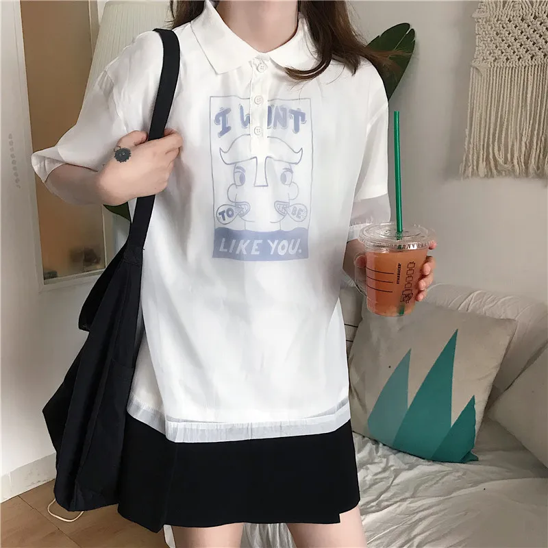 Woherb Kawaii футболка сетчатый топ Для женщин Повседневное белая футболка из хлопка с принтом хлопковая Графические футболки газовая футболка с нашивкой рубашка летние топы 21043