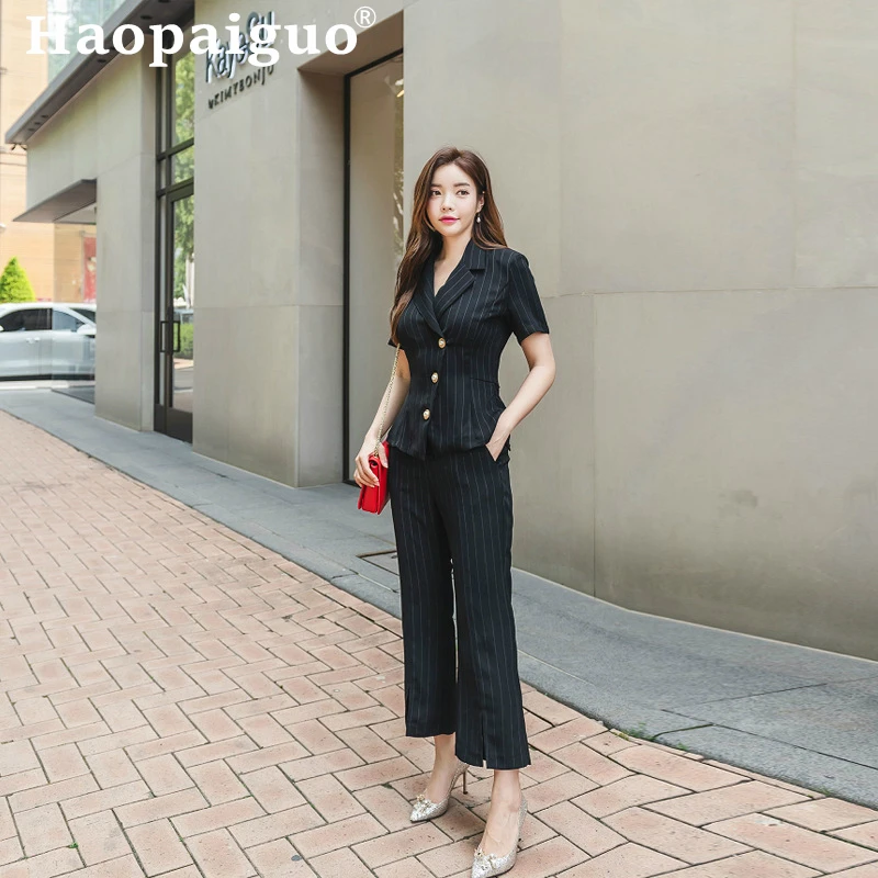 Women's OL Office Work 2 Pieces Set Striped Short Sleeve Singer Button Blouse and Sheath Long Pants Women Two Piece | Женская одежда