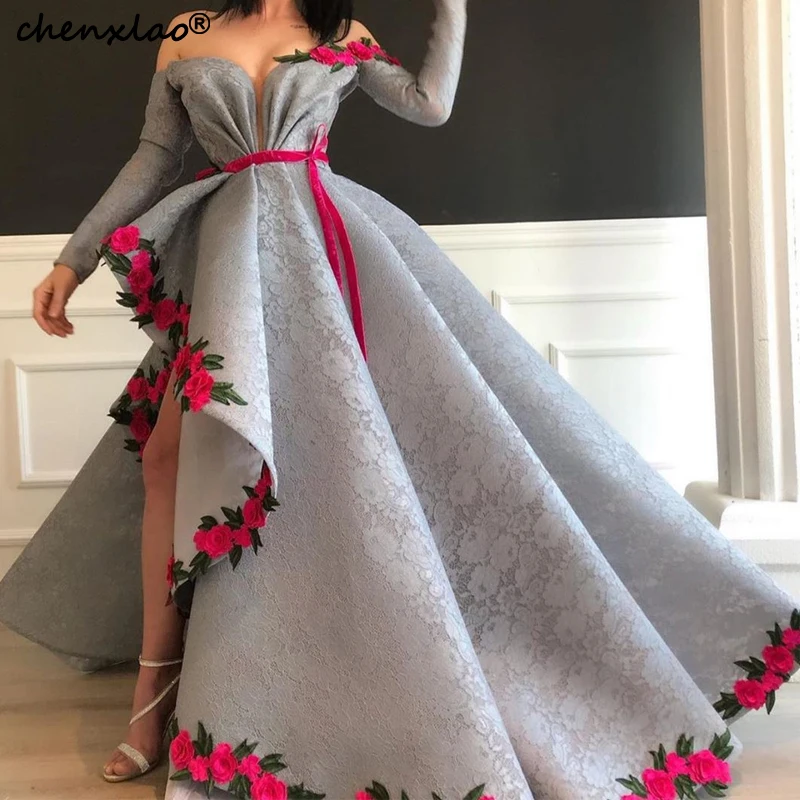 Vestidos De Festa Серые Вечерние платья Длинные Кружевные А-силуэта с открытыми плечами Длинные рукава длиной до пола Вечерние Нарядные платья для вечеринок