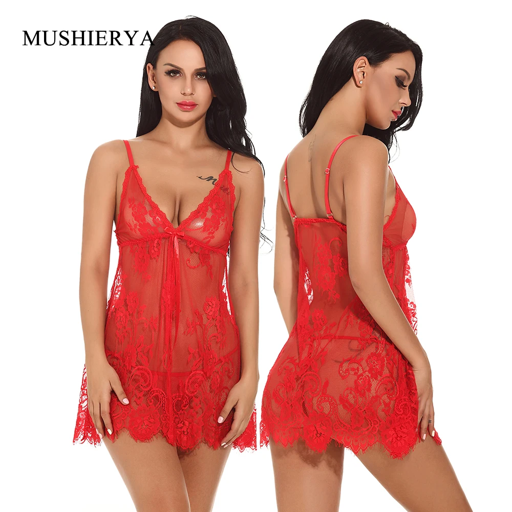 

MUSHIERYA Women Lace Pajamas Floral Babydoll Nightgown with G-string Hot Sexy Chemises Lingerie Erotic Transparent Plus Size